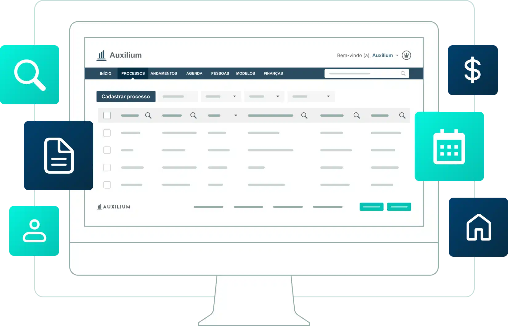 Tela do sistema Auxilium com ícones de busca, agenda, finanças, pessoas e documentos